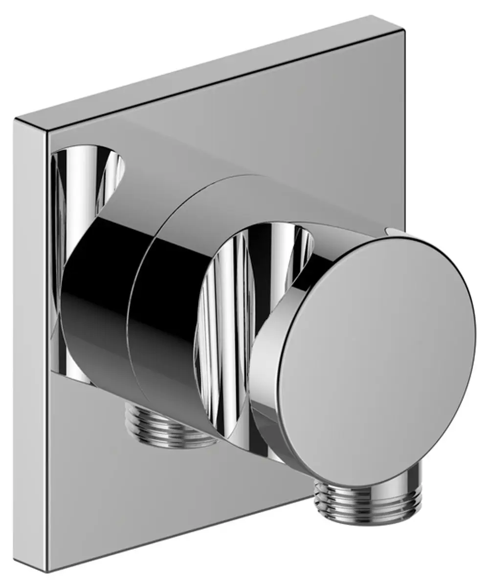 Verchromter Schlauchanschluss von Keuco, mit eckigem Design und Brausehalter, an einer rechteckigen Wandplatte montiert.